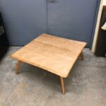 Refinished Natural. 36" square. This is a 392 top with legs like the 307, the other large square cocktail table. The original x-base was rotted too bad to fix.