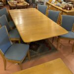Used and in excellent condition. Refinished and reupholstered approx. ten years ago. Chairs had been covered in plastic custom covers.