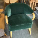 Reupholstered in green velvet Mohair and wood refinished Wheat. Used but in excellent condition.