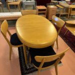 48 x 32 closed. With leaf table is 60 long. Fabric is new. $2800